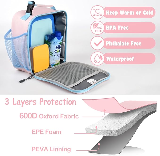 CaCTOUR Lunch Box Kids,Premium Insulated Lunch Bag for Girls Boys,Soft Bag Mini Cooler Back to School Thermal Reusable Lunch Bag for Work School Picnic (Pink)