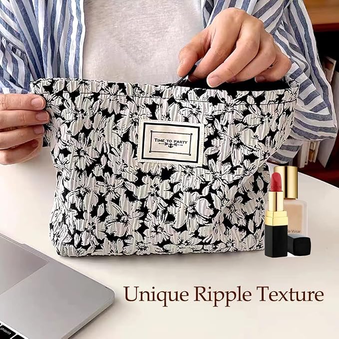 STARDW Aesthetic Floral Makeup Bag Cute Small Cosmetic Bags for Women Girls, Travel Toiletry Bag Large Capacity Zipper Makeup Pouch, Purse Organizer Pouches (White Flowers)