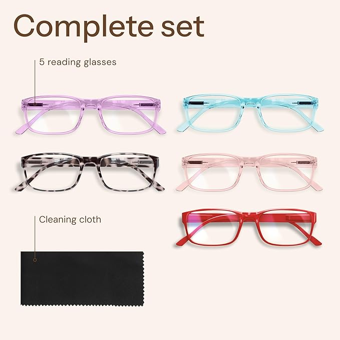 Gaoye Reading Glasses Blue Light Blocking, Spring Hinge Readers for Women Anti Glare Filter Lightweight Eyeglasses (5-Pack Mix Color 2, 1.75)