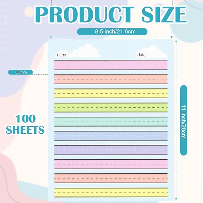100 Sheets Multi-Color Raised Line Paper for Handwriting Practice, Wide Ruled Kindergarten Writing Paper, Double Sided, 8.5x11 inches, Educational Style