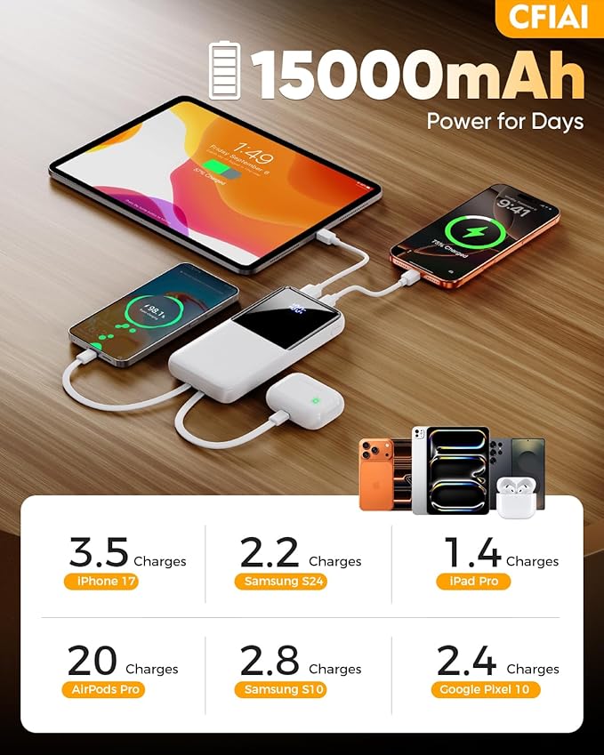 Portable Charger Power Bank, 50% Larger Capacity 15000mAh Battery Pack with Built in Cable, 22.5W Fast Charging Travel Camping Essential Powerbank for iPhone 17 16 Pro iPad Samsung S26 Google etc