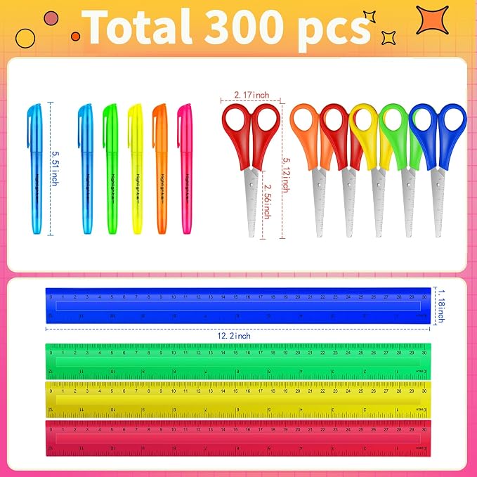 300 Pcs Back to School Supplies Kit, Include 100 Pcs 12 Inch Plastic Rulers 100 Pcs Assorted Colors Highlighters 100 Pcs Student Scissors for Kids Classroom Charity Donation Supplies (300)