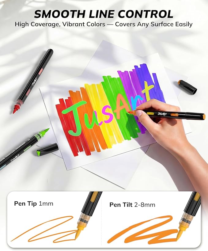 JusArt Acrylic Paint Markers 96 Colors, 48 Dual-Tip Brush Markers, No Bleed