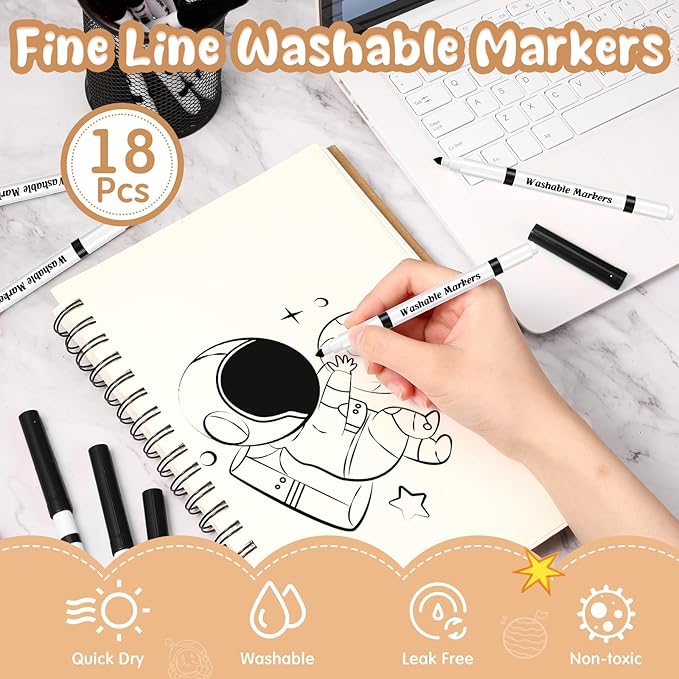 Fullhawl 18 Pcs Line Washable Markers Bulk Black Fine Tip Markers Set Coloring Thin Tip Drawing Washable Pen for Kids Art School Classroom Back to School Gender Reveal Party Supplies, Ages 6+