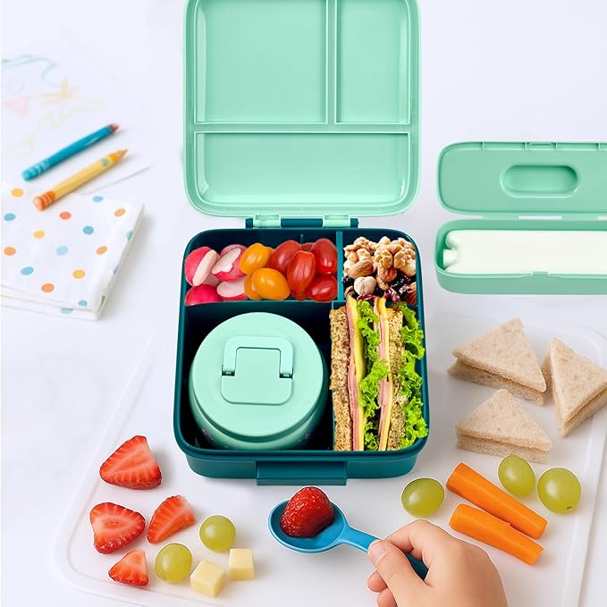 JXXM Bento Lunch Box for Kids with 8oz Soup Thermo,Leak-Proof Lunch Containers with 5 Compartment,Thermo Food Jar Food Containers for School (Blue-Unicorn)