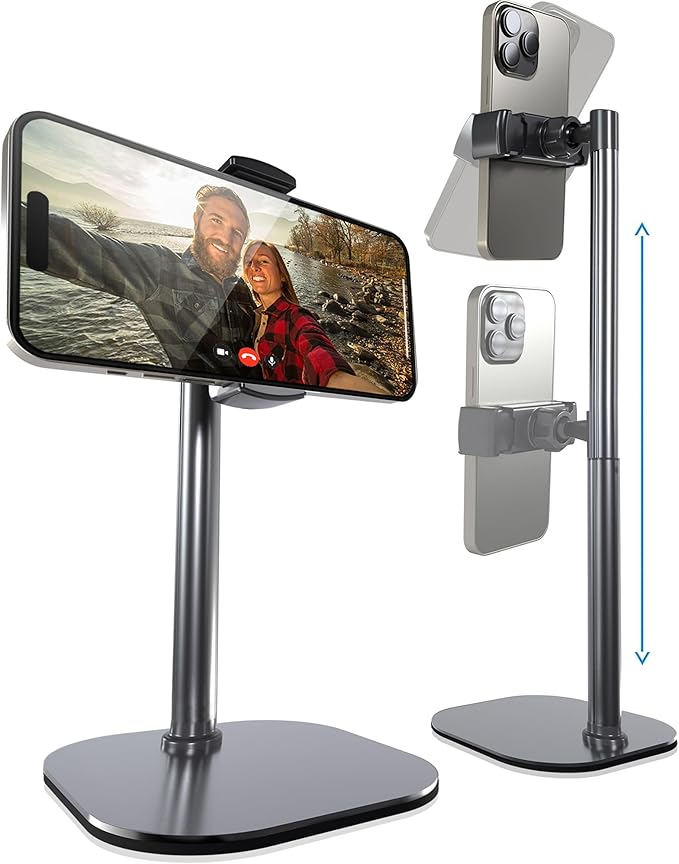 COOPER ChatStand, Adjustable Cell Phone Stand for Desk, Phone Stand for Recording, iPhone Holder for Filming, Small Tripod for iPhone, Fits Samsung, Android Smartphones, (Metallic Gray)