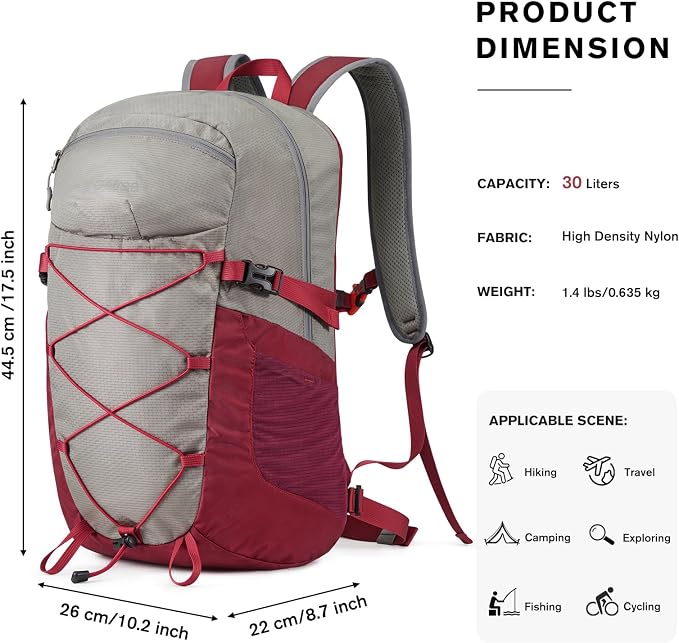 G4Free 30L Lightweight Hiking Backpack for Men Women, Airline Approved Day Pack for Travel, Bussiness Work, Easy Hike(Red)