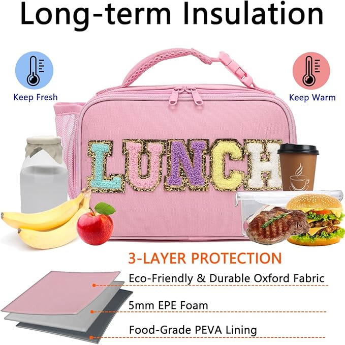 GYEUKHAM Insulated Lunch Box for School, Thermal Reusable Durable Freezable Lunch Bags for Kids Boys Girls Men Women - Small Soft Cooler Portable Lunch Tote Kit for Work Picnic Travel,Pink Alphabet