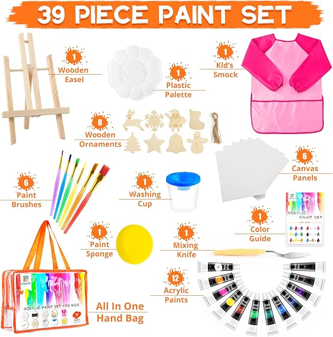 POPYOLA Acrylic Paint Set for Kids, Non Toxic Kids Painting Set with Tabletop Easel, Acrylic Paints, Smock, Canvases, Wooden Stencils, Brushes, Painting Kit Gift for Beginner Student Toddlers