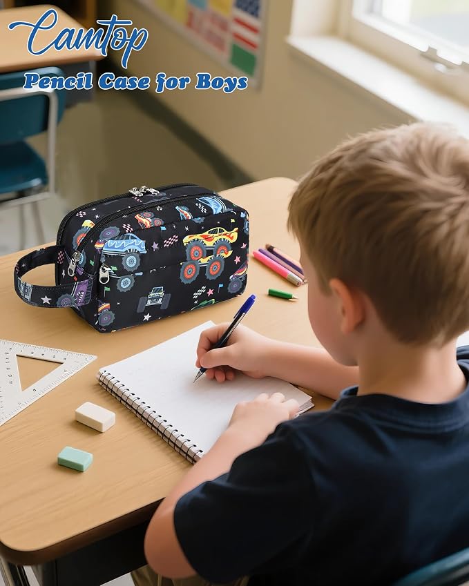 CAMTOP Cute Pencil Case for Boys, Large Capacity Pencil Pouch with 3 Compartments Pen Organizer Kawaii Pencil Box Bag for School Travel Gifts