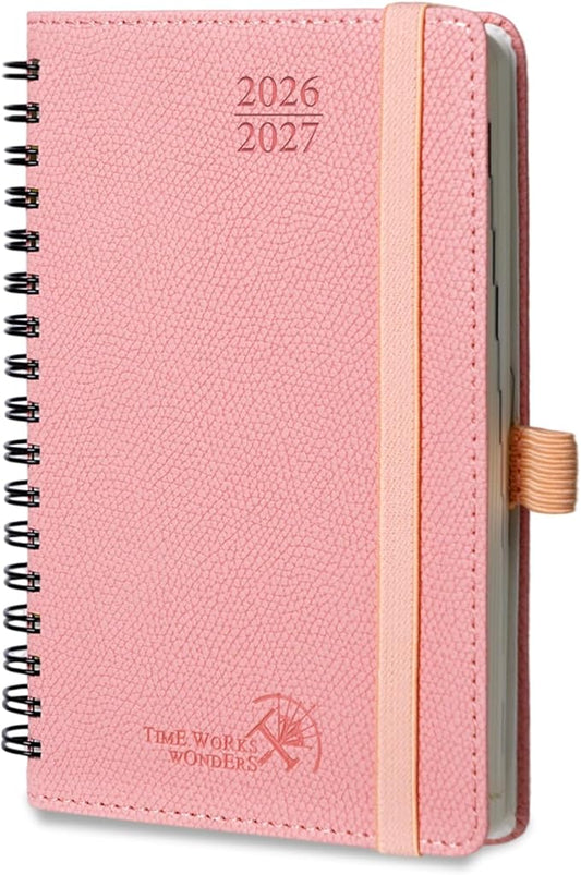 POPRUN 2026-2027 Academic Small Weekly Planner, 4" x 6.25" Pocket Calendar for purse, Horizontal Daily Calendar from July 2026 to June 2027, Softcover Appionment Book with Monthly Tabs, Spiral Bound, Inner-Pocket - Soft Pink