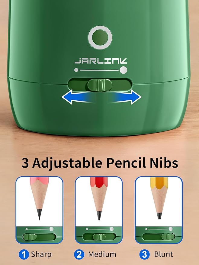 JARLINK Automatic Electric Pencil Sharpener - Hands-Free Operation, 3 Sharpness Modes, 3-Second Sharpening, Rechargeable & Portable for 7-12mm Pencils, Ideal for Classroom and Home Use (Green)