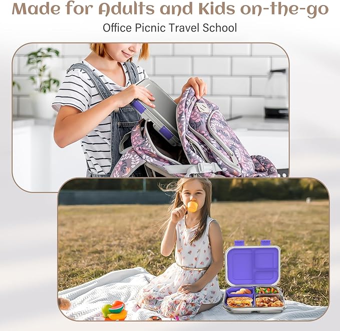 BABHAMNESS Stainless Steel Bento Box Kids, 3 Compartments Leak Proof Metal Bento Lunch Box, 304 Stainless Steel Bento Lunch Containers for School and Office,Dishwasher Safe, BPA-Free-Purple