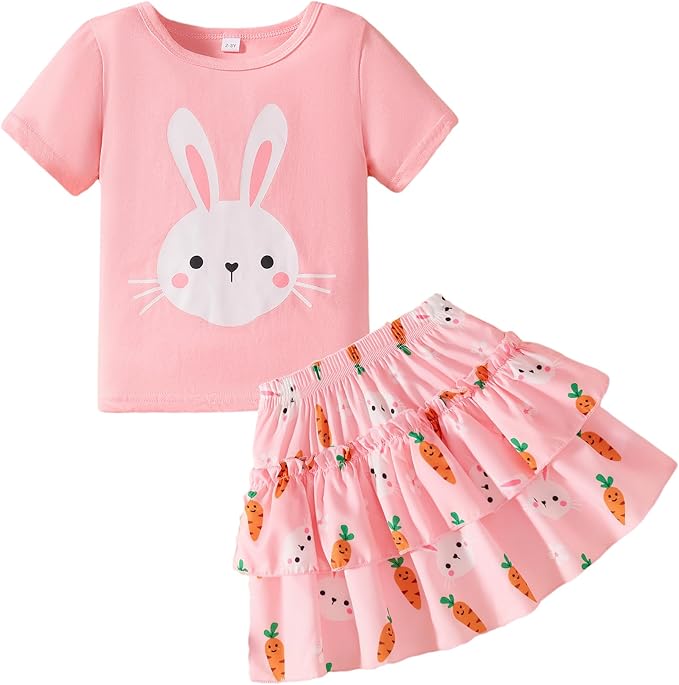 Little Girls Skirt Set - 2 Piece Short Sleeve Top Shirred Tiered Skirt Outfit Girls Spring Summer Clothes 3-8 Years