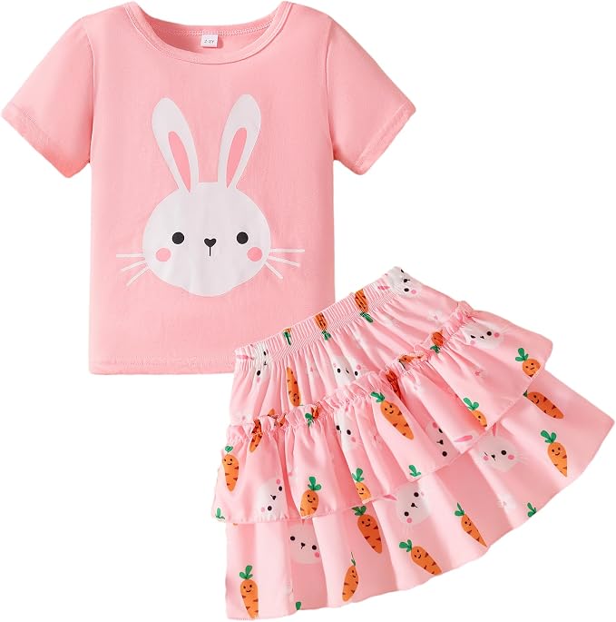 Little Girls Skirt Set - 2 Piece Short Sleeve Top Shirred Tiered Skirt Outfit Girls Spring Summer Clothes 3-8 Years