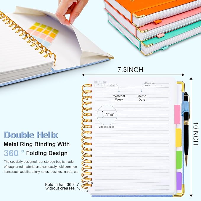 Hardcover Spiral Notebook 8"x10" Journal Notebook with Tabs and Removable Dividers 300 Pages 5 Subject Notebook College Ruled, Faux Leather Spiral Bound Notebook for Women School Work (Lake Blue)