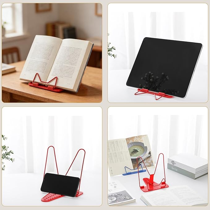 Metal Book Stand for Reading & Desk Use, Book Holder for Cookbooks, Textbooks, Flat Panel & Mobile Phone, Multi-Purpose Reading Stand for Students & Study (Red)