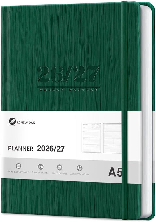 Lonely Oak Academic Planner 2026-2027, A5 Daily Weekly and Monthly Planner 5.75" x 8.4", 13 Months Faux Leather School Year Agenda from Jul.2026 to Jul.2027 for Student and Teacher (Green)