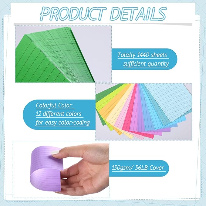 Ctosree 1440 Pcs Colored Index Cards 3 x 5 Inch Flash Cards for Studying Lined Study Note Sheets with Printed Ruled on Both Sides for Studying Memory Learning School, 12 Colors(Multicolor)
