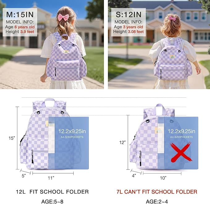 STEAMEDBUN Corduroy Kids Backpack for Girls and Boys 5-8: Girls Backpack for Elementary Kindergarten - 15 inch Cute Backpacks for Kids - Checkerboard