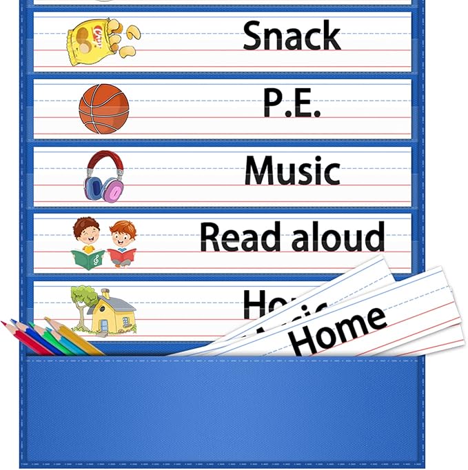 AKAYOK -13+1 Pocket Daily Schedule Pocket Chart, Ultra-Durable Visual Schedule for Kids -Pocket Chart for Classroom Office Home -Reusable Daily Schedule for Kids -Reversible Chart for Sentence Strips