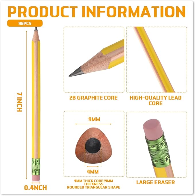 Seajan 96 Pcs Jumbo Pencils, Big, Fat, Thick, Triangular Grip Pencils Refill with Eraser 7 Inch Large Pencil for Kids Beginners Preschoolers Kindergarten School Office Christmas Gifts(Yellow,2b)