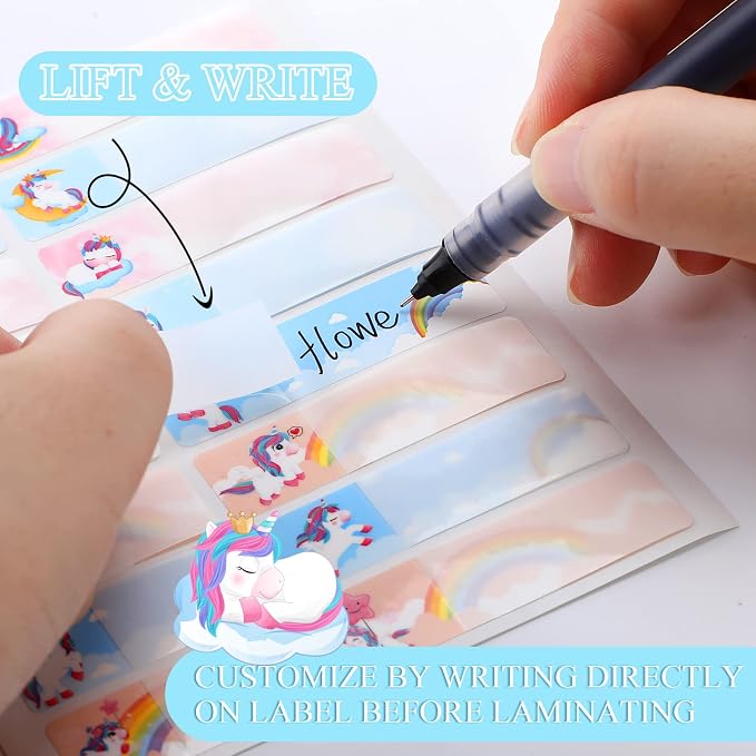 Waterproof Name Labels for Kids Daycare 320 Pcs, Unicorn | Self Adhesive Baby Water Bottle Stickers for School Supplies, Self Laminating, School Name Stickers for Lunch Boxes