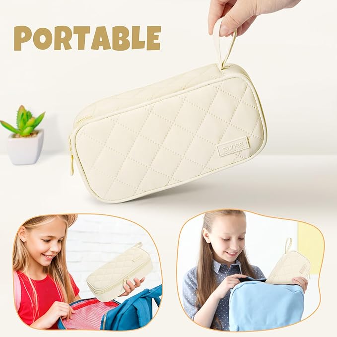 SUNEE Cute Pencil Case, Large Capacity Pencil Pouch Aesthetic Zipper Pencil Bag, Big Storage Pen Organizer for Stationery, Soft Quilted Pencil Box Back to School Supplies for Teen Girls Boys, Cream