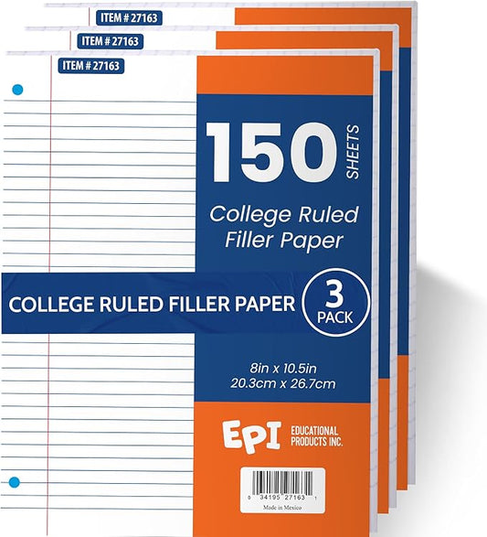 EPI Filler Paper | College Ruled | Loose Leaf, 3-Hole Punched, 10.5 x 8 in, 150 Sheets | School, Office, Notes, Binder Refill - 3 Pack