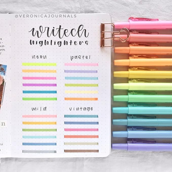 WRITECH Retractable Highlighters Chisel Tip: Assorted Colors 24ct Set | Multi Color Ink Mild Vintage Neon Pastel Big Pack No Bleed & Smear for Highlighting Journaling Drawing Coloring Note-taking