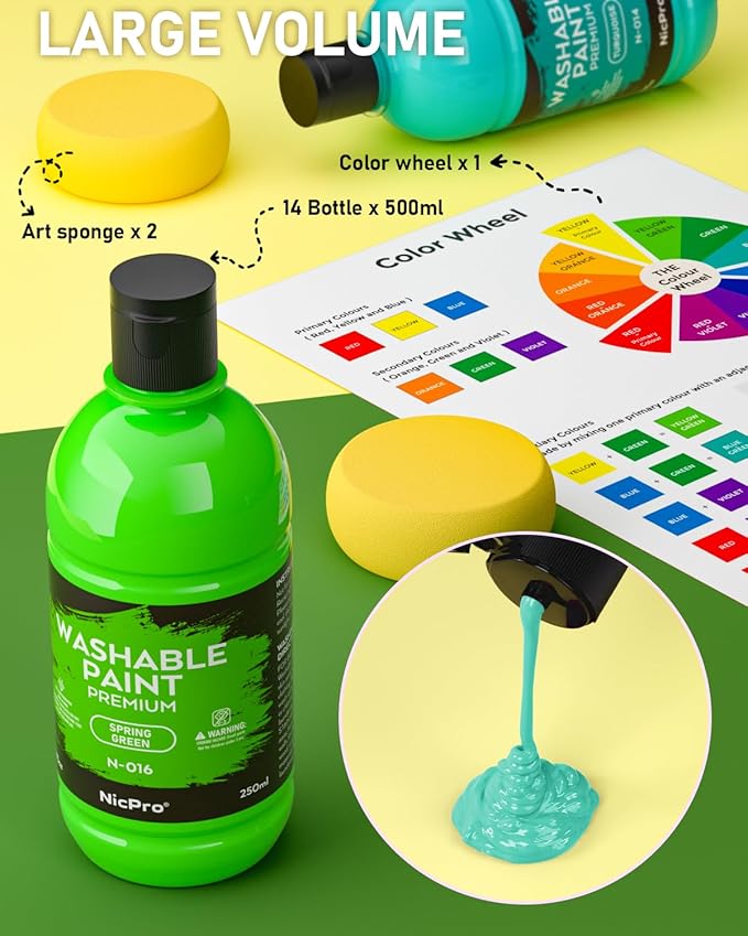 Nicpro 18 Colors Large Washable Paint Set for Kid (8.45oz), Acrylic Bulk Paint Supplies Non Toxic Tempera Paint for Art, Craft DIY, Poster & Finger Paint, School, Home, Teacher Classroom Must Haves