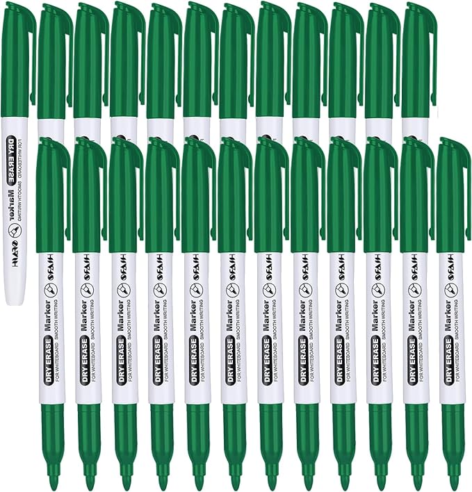 SFAIH Fine Tip Dry Erase Markers - 24 Pack Green Whiteboard Erasable Markers Bulk, Ideal For Progress Tracking, Teaching and Brainstorming, Approval & Eco-Conscious Planning, Non-Toxic Easy Clean