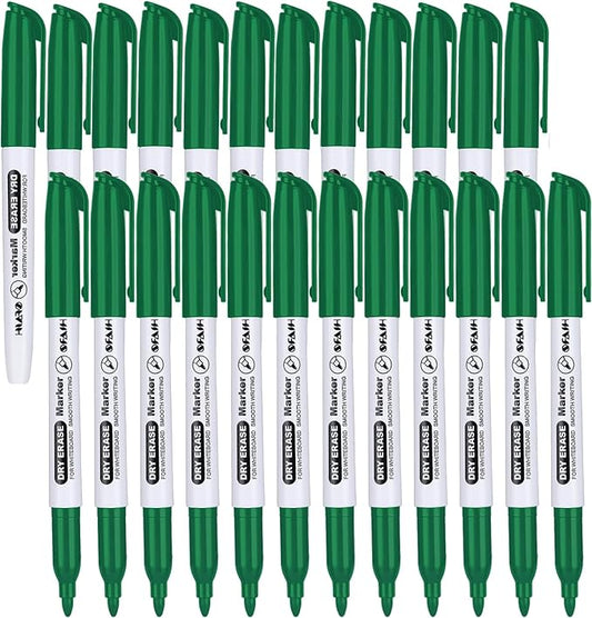 SFAIH Fine Tip Dry Erase Markers - 24 Pack Green Whiteboard Erasable Markers Bulk, Ideal For Progress Tracking, Teaching and Brainstorming, Approval & Eco-Conscious Planning, Non-Toxic Easy Clean