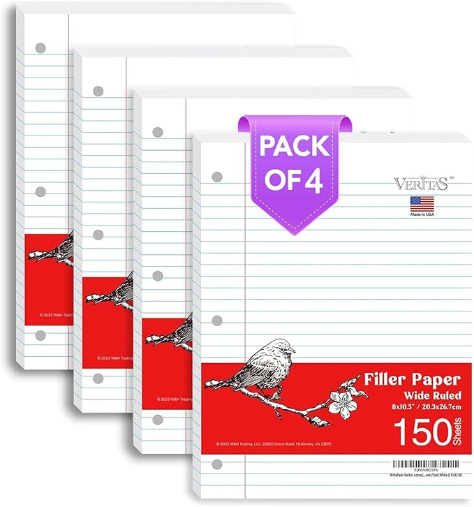WritePads Wide Ruled Loose Leaf Paper 600 Sheets, 4 Pack Bulk Notebook Paper, 8"x10.5" 3 Hole Punched Binder Fitter Paper, Fits Standard 3-Ring Binders, Ink Bleed Resistant, Made in USA