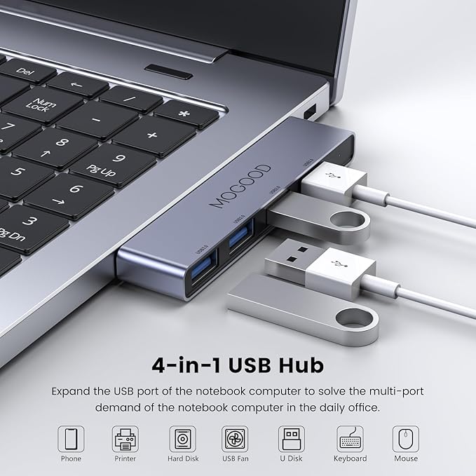 MOGOOD USB Hub 3.0 - USB Splitter & Port Expander for Laptop, Xbox, Flash Drive, HDD, Console, Printer, Camera, Keyboard, Mouse