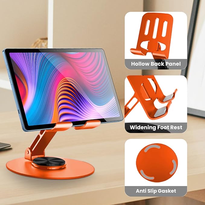 Universal Metal Cell Phone Stand, Multi-Angel Adjustable 360° Rotation Non-Slip Metal Phone Stand Compatible with iPhone 17 16 Pro Max and All Smartphones (Orange)