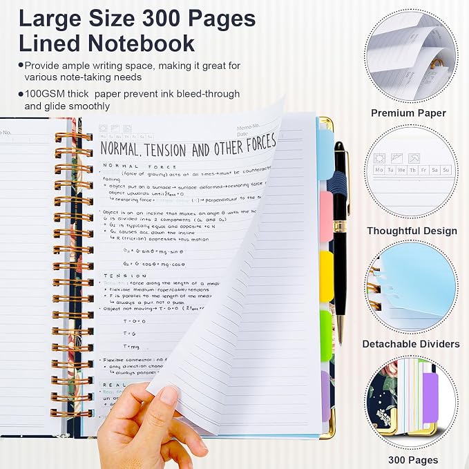 Spiral Journal Notebooks for Work, 300 Pages 5 Subject Notebook College Ruled with Dividers & Tabs, A4 Notebook Journal for Women Students Note-Taking and Organizer (Velvet Bloom)
