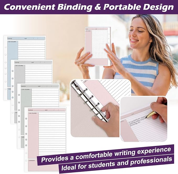 100 Sheet 7-Hole 5.5" x 8.5" Lined Filler Paper for 3 or 7 Ring Binder College Ruled Cornell Notes Loose Leaf Paper for Mini Binders Half Letter Planner Refill Mini Binder Inserts for School Office