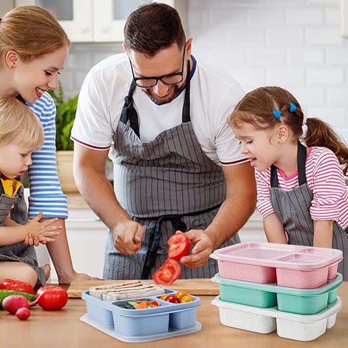 Caperci Wheat Straw Bento Lunch Box Containers for Adults & Kids - 3-Compartment Reusable Meal Prep Containers for School, Work, Travel, Set of 4 (Multicolor & Clear Lids)