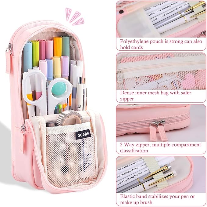 iSuperb Standing Pencil Case 2 Compartments Pencil Pouch Magnetic Mobile Phone Holder Bracket Pen Bag Large Capacity Phone Pouch College Stationery Organizer Storage for Kids Boys Girls