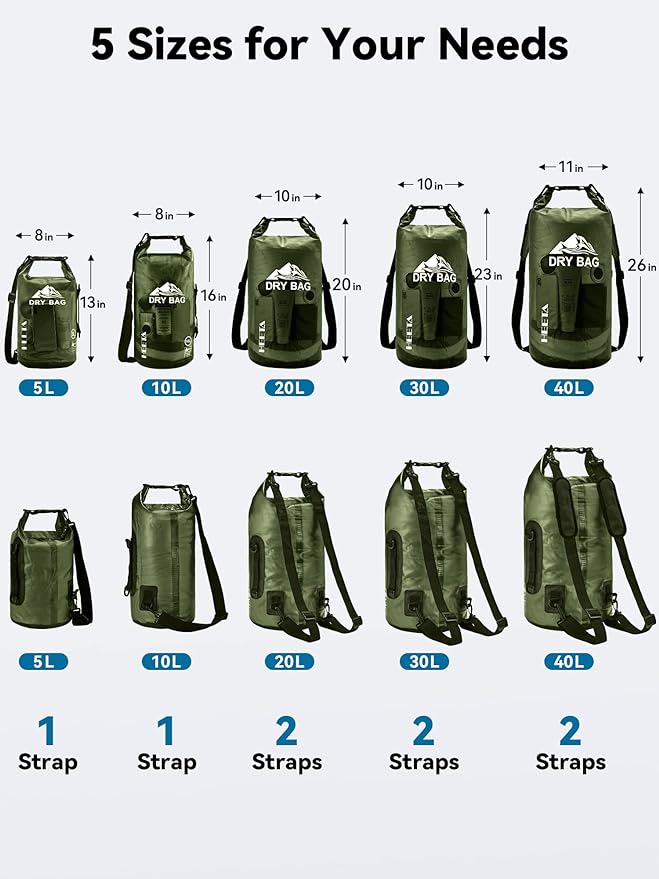 HEETA Dry Bag Waterproof Backpack with Phone Case 5L/10L/20L/30L/40L | Roll Top Lightweight Dry Storage Bag for Women Men, Travel Boating Kayaking Paddle Board Camping Beach Essentials Accessories