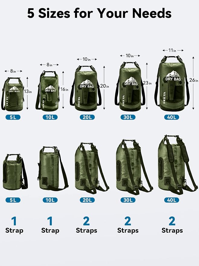 HEETA Dry Bag Waterproof Backpack with Phone Case 5L/10L/20L/30L/40L | Roll Top Lightweight Dry Storage Bag for Women Men, Travel Boating Kayaking Paddle Board Camping Beach Essentials Accessories