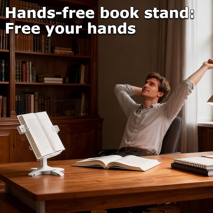 Adjustable Book Stand for Reading,160° Rotating Hands Free Book Stand,Adjustable Height and Angle Recipe Book Holder, with Extendable Page Clips, for Tablet,Laptop,Magazine,Recipe