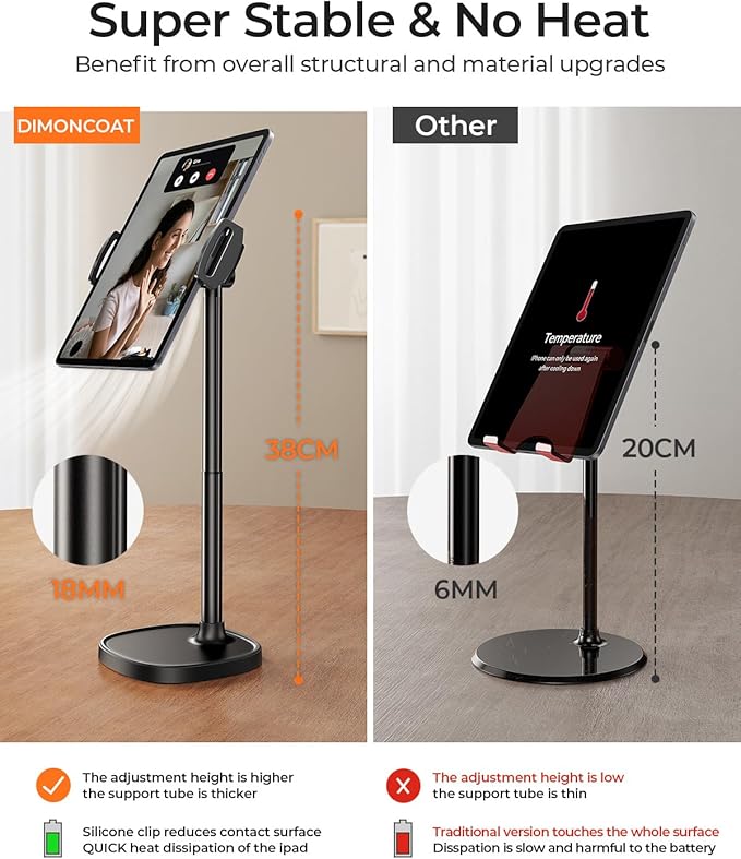 DIMONCOAT Height Adjustable Tablet Stand for Desk, Tablet Holder 360° Rotation: Desktop Tablet Accessories for 4.7-10" Like iPad Pro, Air Mini, Kindle, E-Reader, iPhone 17 Pro Max