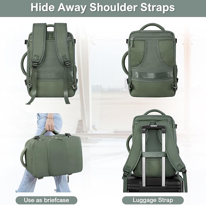 Sinaliy Personal Item Backpack, Carry on Travel Backpack with Multi-Pockets, Waterproof Casual College 16inch Laptop Backpack for Men Women, Army Green