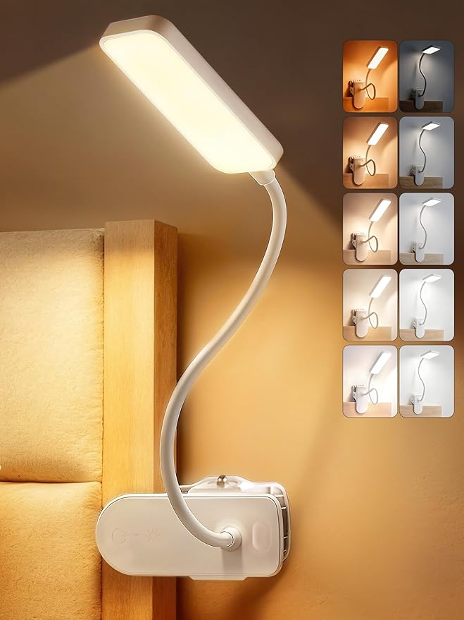 Clip on Lamp,9 Brightness+5 Color Clamp Light,4000mAh Battery Rechargeable Desk Lamp with Clamp,450 Lumen 48 LED Desk Light,Cordless Reading Lights for Books in Bed/Headboard/Bedside Table/Dorm Room
