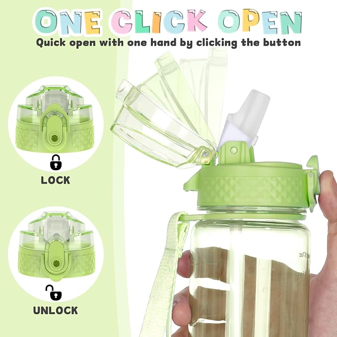 OLDLEY 17oz Kids Water Bottle, Tritan BPA-Free, Leakproof Flip Straw Lid, Motivational Time Marker, Carry Strap, Reusable Clear Water Bottle for Boys & Girls,Parrott Green