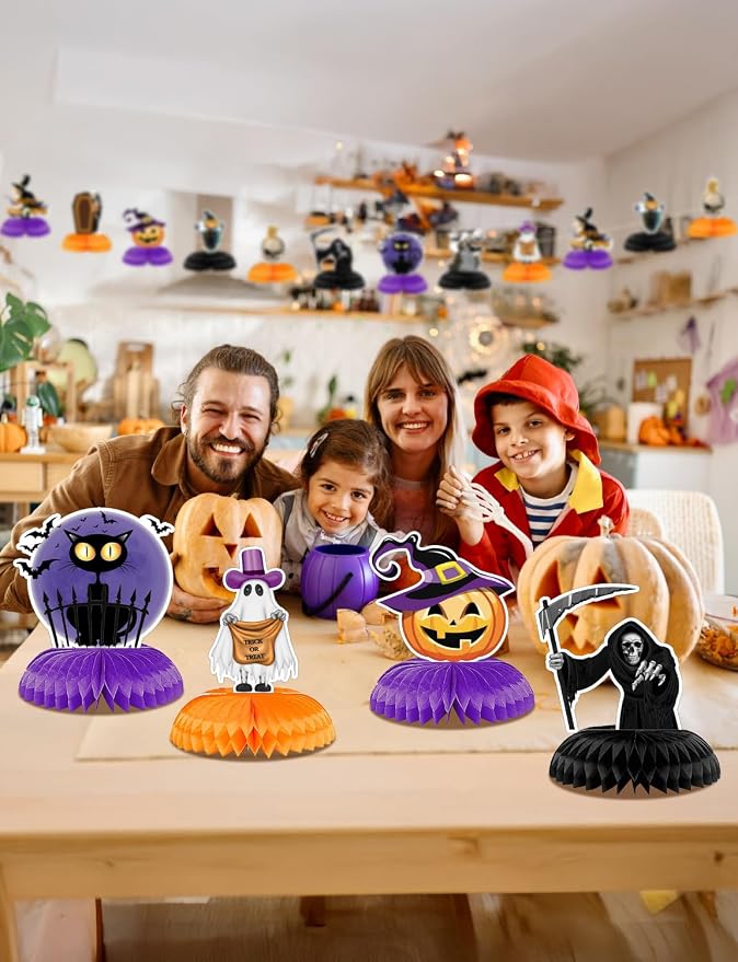 Halloween Table Decorations - 9Pcs Halloween Centerpieces for Tables Black Orange Honeycomb Centerpieces Pumpkin Ghost Witch Cat Table Topper for Spooky Birthday Party Supplies