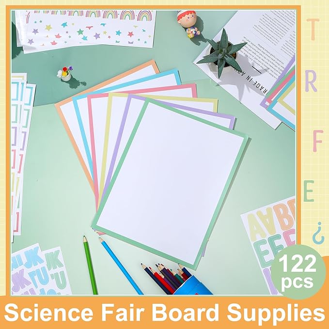 122 Pcs Science Fair Board Supplies 72 Glitter Pastel Candy Trim Scalloped Borders 36 Presentation Board Subtitles 6 Self Adhesive Project Titles 8 Letter Stickers for Classroom Office Decor(Pastel)