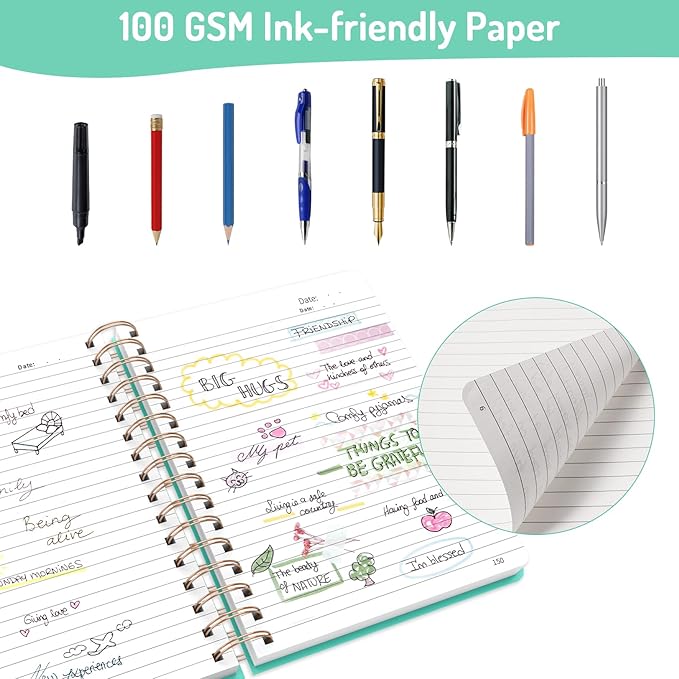 Forvencer Lined Spiral Journal Notebook with 300 Numbered Pages, A5 Thick Journals for Writing with 100GSM Paper, Hardcover Notebooks with Contents for Work, School, Women, Men, Green